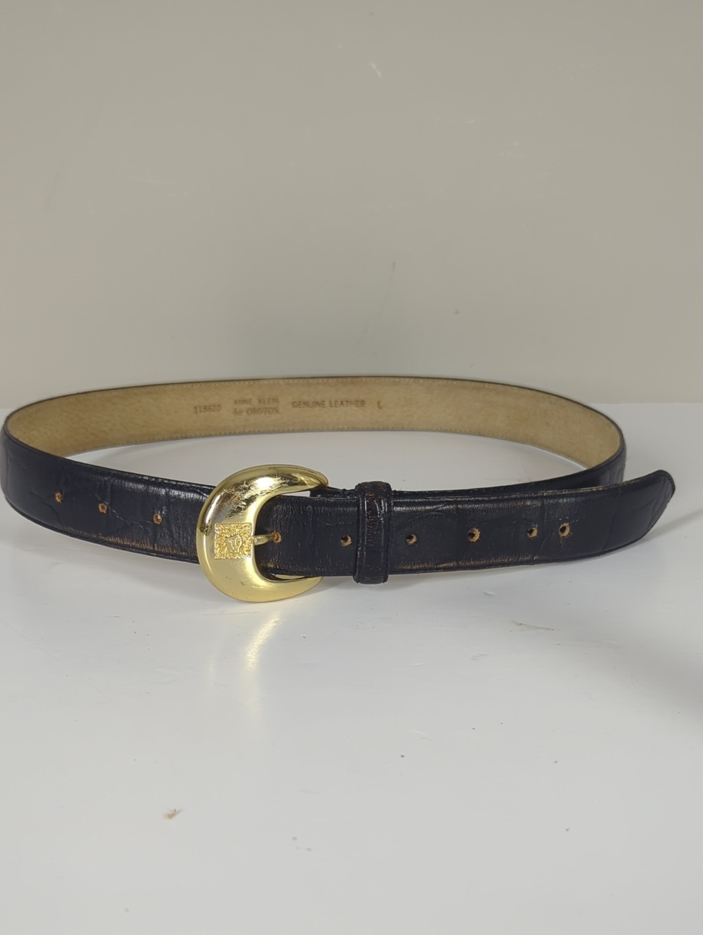 Anne Klein Black Leather Belt with Gold Tone Buckle Textured Large